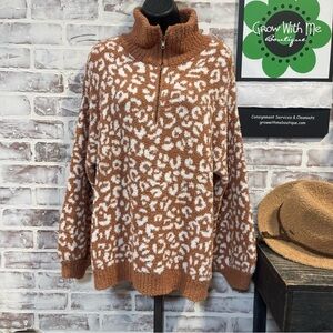 Cozy Brown and White Cowl Neck Sweater small